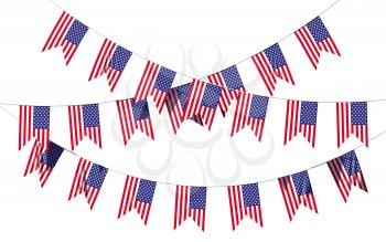Strings of American flags decorative hanging bunting, bright USA patriotic flags garlands. 4th of July, Independence day holidays decoration 3D illustration