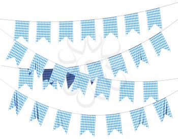 Oktoberfest party flags buntings garlands of Bavarian checkered blue flag with blue-white checkered pattern, traditional Oktoberfest festival decorations isolated on white background, 3D illustration