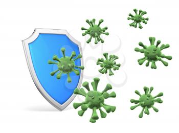 Shield protect form viruses and bacterias isolated on white background 3D illustration, coronavirus COVID-19 protection, medical health, immune system and health protection concept