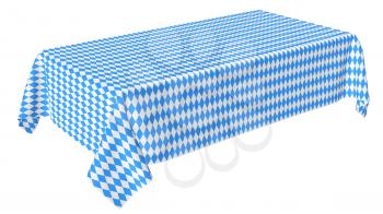 Oktoberfest rectangular tablecloth with blue-white checkered pattern isolated on white, diagonal view, traditional Oktoberfest festival decorations, 3d illustration