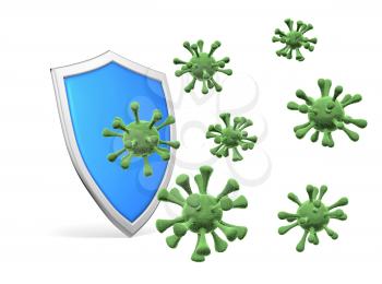 Shield protect form viruses and bacterias isolated on white background 3D illustration, coronavirus protection, medical health, immune system and health protection concept