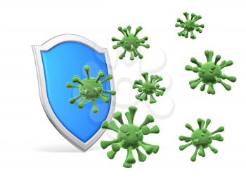 Shield protect form viruses and bacteria cells isolated on white background 3D illustration, COVID-19 coronavirus protection, medical health, immune system and health protection concept
