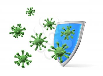Shield protect form viruses and bacteria cells isolated on white 3D illustration, COVID-19 coronavirus protection, medical health, immune system and health protection concept