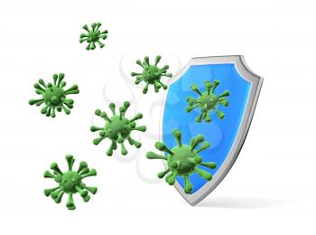 Shield protect form viruses and bacteria cells isolated on white 3D illustration, coronavirus COVID-19 protection, medical health, immune system and health protection concept