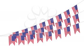 American flags strings decorative hanging bunting, bright USA patriotic flags garlands isolated on white. 4th of July, Independence day holidays decoration 3D illustration