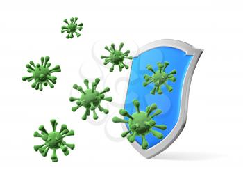 Shield protect form viruses and bacteria cells isolated  3D illustration, COVID-19 coronavirus protection, medical health, immune system and health protection concept