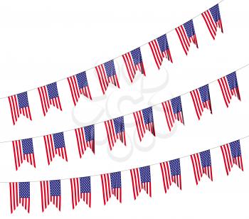 USA flags strings decorative hanging bunting, bright American patriotic flags garlands isolated on white. 4th of July, Independence day holidays decoration 3D illustration.
