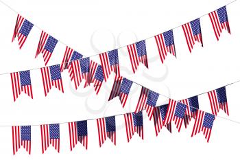 American flags decorative hanging bunting, bright USA patriotic flags garlands isolated on white. 4th of July, Independence day holidays decoration 3D illustration