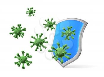 Shield protect form viruses and bacteria cells isolated  3D illustration, coronavirus protection, medical health, immune system and health protection concept