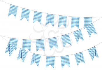 Oktoberfest party flags garlands buntings of Bavarian checkered blue flag with blue-white checkered pattern, traditional Oktoberfest festival decorations isolated on white background, 3D illustration