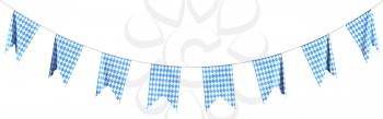 Oktoberfest party flags garland bunting of Bavarian checkered blue flag with blue-white checkered pattern, traditional Oktoberfest festival decorations isolated on white background, 3D illustration