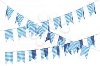 Party flags for Oktoberfest festival buntings garland of Bavarian checkered blue flag with blue-white checkered pattern, traditional Oktoberfest festival decorations isolated, 3D illustration