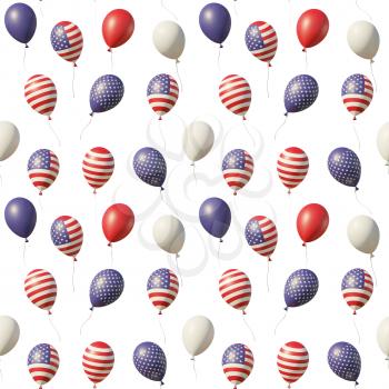USA Independence Day celebration background with balloons with American flags, stars, lines, vintage colors, flying up isolated on white. 4th of July 3D illustration seamless background.