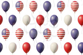 USA Independence Day celebration background with balloons with American flags, stars, lines, vintage colors, flying up isolated on white. 4th of July seamless 3D illustration background