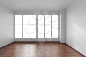 Empty room with dark hardwood parquet floor, big window and walls with white textured wallpaper and sunlight from window, perspective view, 3d illustration