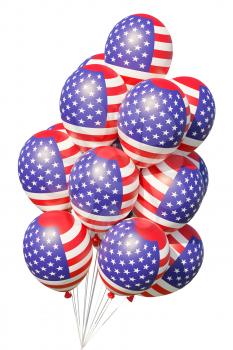 4th of July patriotic balloons with ribbons, painted with USA flag  isolated on white.  United States of America Independence Day celebration decoration, 3D illustration.
