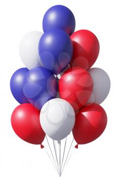 United States of America patriotic balloons in traditional colors, blue, red and white, with ribbons isolated on white. 4th of July USA Independence Day celebration holiday decoration, 3D illustration