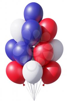 4th of July patriotic balloons in traditional colors, blue, red and white, with ribbons isolated on white. United States of America Independence Day celebration holiday decoration, 3D illustration