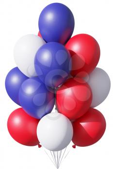 USA Independence Day patriotic balloons in traditional colors, blue, red and white, with ribbons isolated on white. 4th of July celebration holiday decoration, 3D illustration