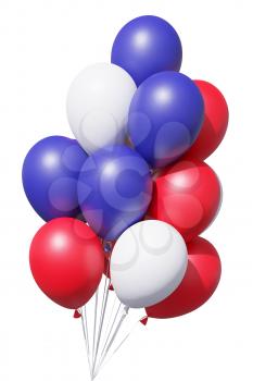 Patriotic Independence Day celebration balloons in traditional colors, blue, red and white, with ribbons isolated on white. 4th of July Independence Day celebration holiday decoration, 3D illustration