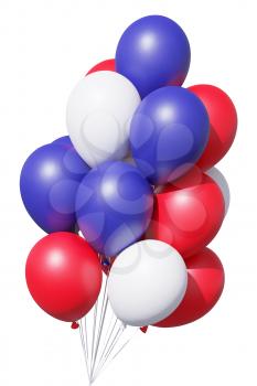 USA patriotic balloons in traditional colors, blue, red and white, with ribbons isolated on white. 4th of July Independence Day celebration holiday decoration, 3D illustration