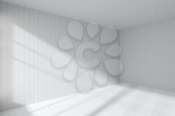 Empty white room corner made with flat white planks on wall, floor and ceiling with light from window, architectural abstract 3d illustration white room interior background