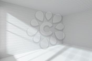 Abstract architecture white room interior - empty white room corner made with flat horizontal white planks on wall, floor and ceiling with light from window, abstract 3d illustration architectural background