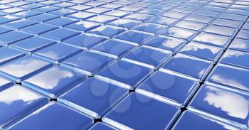 Flat smooth surface made of glossy metal shiny cubes under blue sky with white clouds, abstract blue graphic background with reflections, 3D illustration for different conceptual graphic projects.