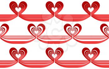 Red ribbon in heart shape on white background Valentines Day decorative elements seamless pattern set, 3D illustration