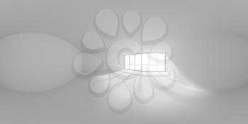 HDRI environment map of white empty office room with empty space and sun light from large window, white colorless 360 degrees spherical panorama background 3d illustration