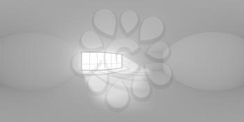 HDRI environment map of empty white business office room with empty space and sunlight from big window, white colorless 360 degrees spherical panorama background 3d illustration