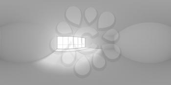 HDRI environment map of white empty business office room with empty space and sunlight from large window, colorless white 360 degrees spherical panorama background 3d illustration