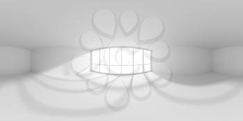 HDRI environment map of white empty office room with empty space and sunlight from large window, colorless white 360 degrees spherical panorama background 3d illustration