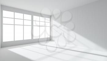 Empty white room with light from window, with white wall, floor and ceiling, without any textures, abstract architecture white room interior, 3d illustration