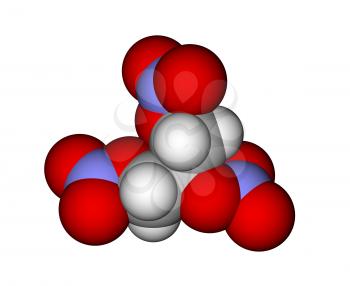 Calculated and optimized molecular structure of 1,2,3-Trinitroxypropane (trinitroglycerin, nitroglycerin) isolated on a white background