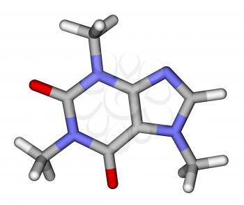Optimized molecular structure of caffeine on a white background