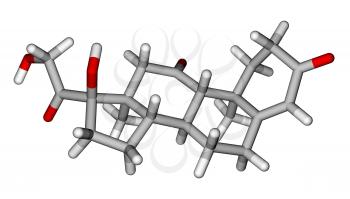 Optimized molecular structure of hormone cortisone on a white background