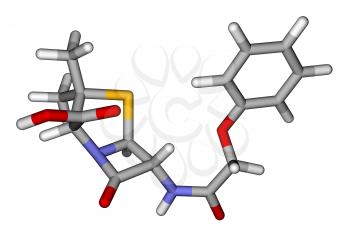 Optimized molecular structure of penicillin V (phenoxymethylpenicillin) on a white background