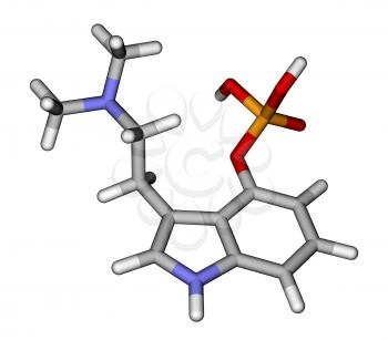 Optimized molecular structure of hallucinogen psilocybin on a white background