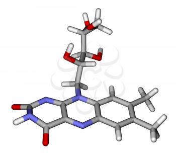 Optimized molecular structure of riboflavin (vitamin B2) on a white background