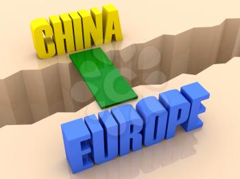 Two words CHINA and EUROPE united by bridge through separation crack. Concept 3D illustration.