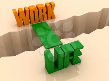 Two words WORK and LIFE united by bridge through separation crack. Concept 3D illustration.