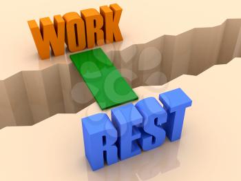 Two words WORK and RESTunited by bridge through separation crack. Concept 3D illustration.