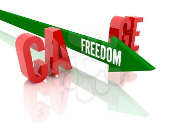 Arrow with word Freedom breaks word Cage. Concept 3D illustration.