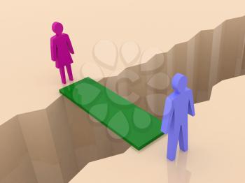 Man and woman split on sides, bridge through separation crack. Concept 3D illustration.