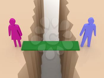 Man and woman split on sides, bridge through separation crack. Concept 3D illustration.