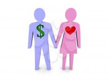 Couple. Man with dollar sign instead of the heart. Concept 3D illustration.