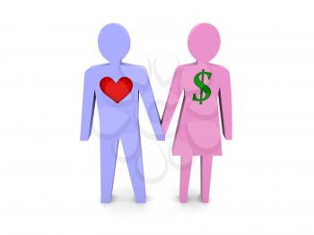 Couple. Woman with dollar sign instead of the heart. Concept 3D illustration.