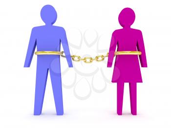 Man and woman linked by golden chain.  Concept 3D illustration.