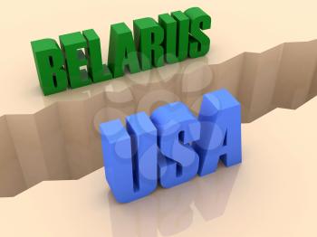Two countries BELARUS and USA split on sides, separation crack. Concept 3D illustration.